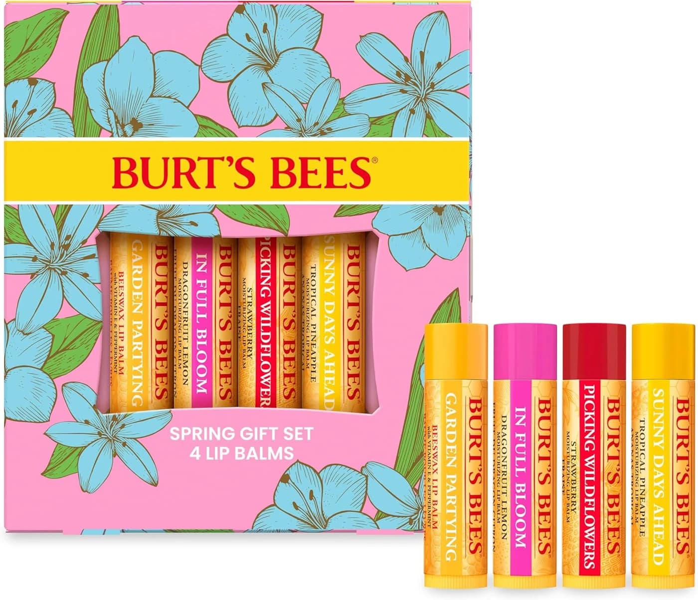 Burt's Bees Lip Balm Gift Set, Beeswax, Strawberry, Tropical Pineapple, Dragonfruit Lemon, In Full Bloom, 4x4.25g