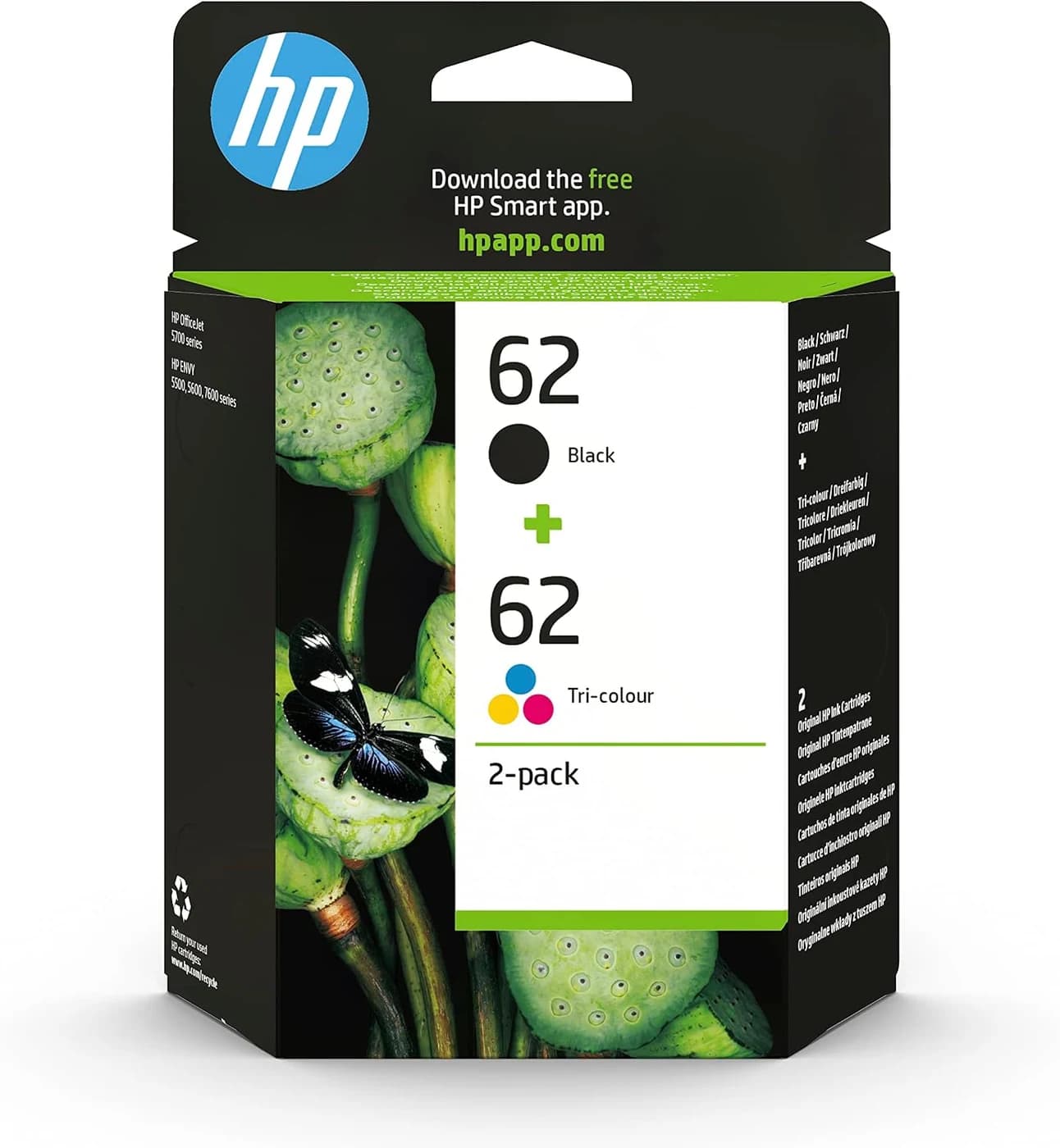 HP 62 Black & Tri-Colour Original Ink Cartridges, N9J71AE, 2 Pack