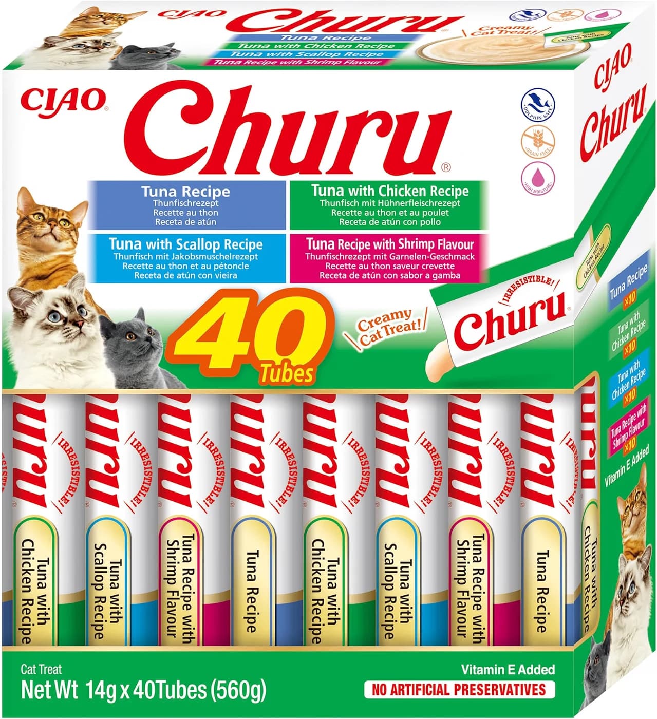 INABA Churu Cat Treat, Tuna & Seafood Variety Box, 14 g x 40 Tubes