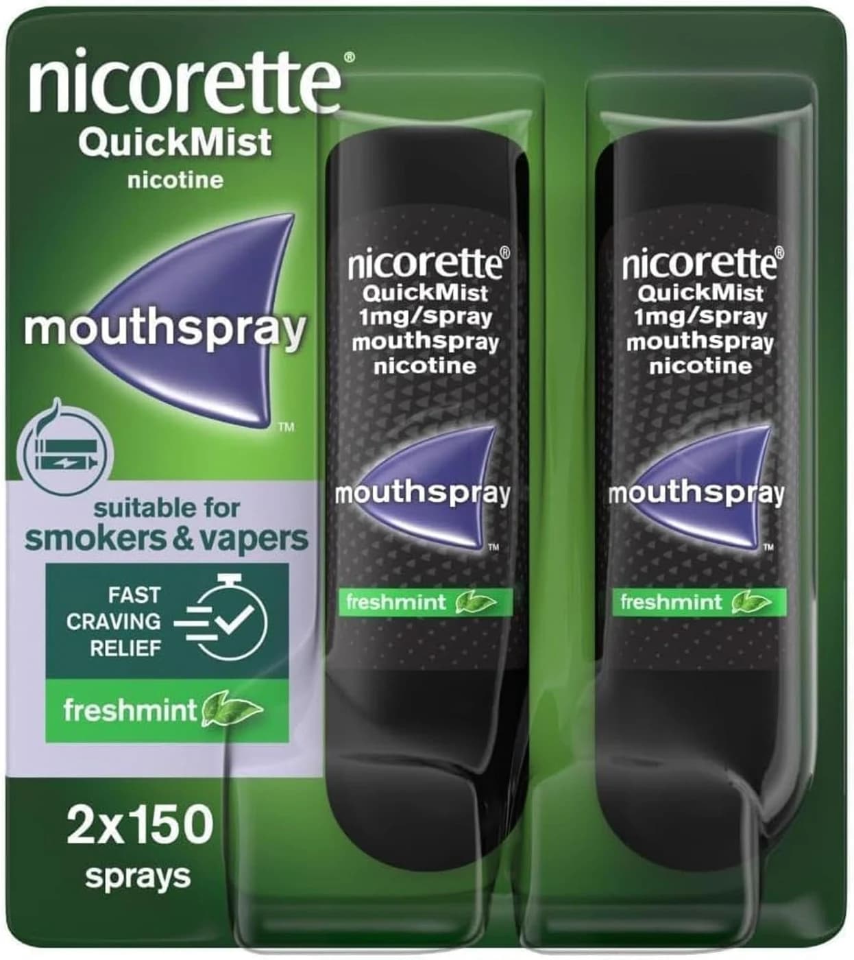 Nicorette Quickmist 1 mg Nicotine Mouthspray, 2 x 150 Sprays, Freshmint
