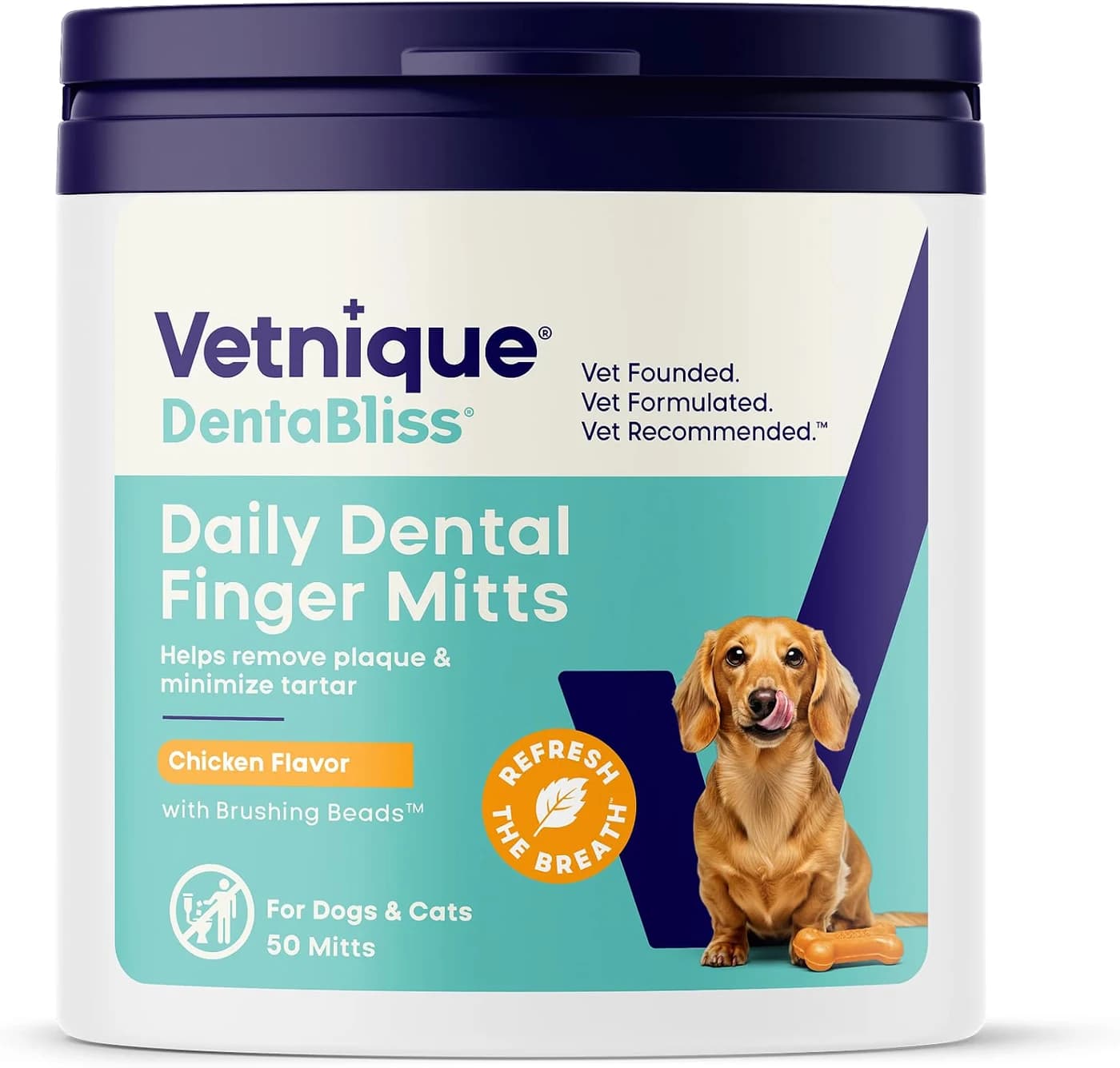 Vetnique DentaBliss Daily Dental Finger Mitts, Chicken Flavour, 50 Mitts