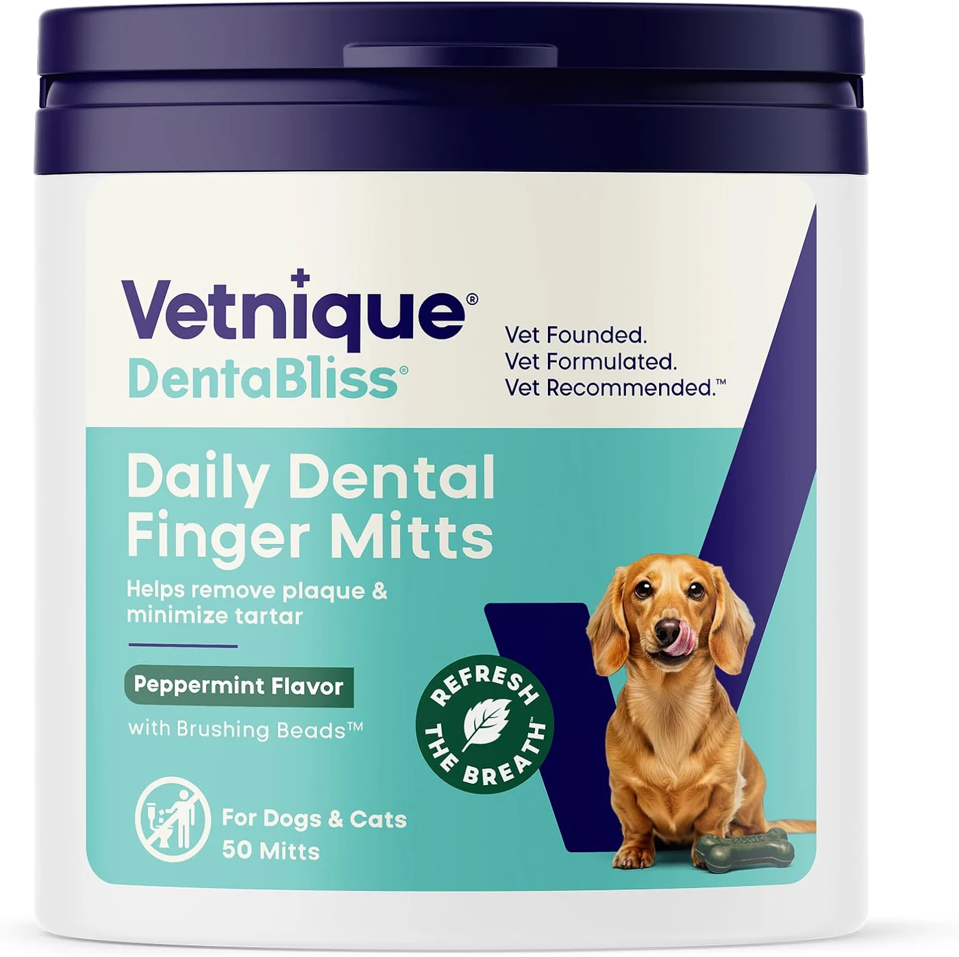 Vetnique DentaBliss Daily Dental Finger Mitts, Peppermint Flavour, 50 Mitts